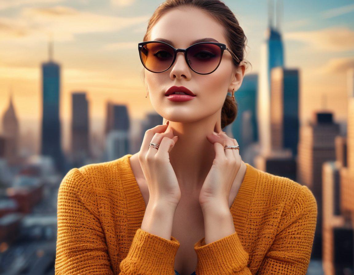 A stylish model wearing elegant eyewear, surrounded by an assortment of fashionable eyeglasses and sunglasses, with a backdrop of a vibrant city skyline. The scene showcases the intersection of eye health and beauty, incorporating elements like eyecare products and beauty accessories. Soft lighting enhances the model's features while maintaining a chic and fashionable atmosphere. super-realistic. vibrant colors. elegant style.