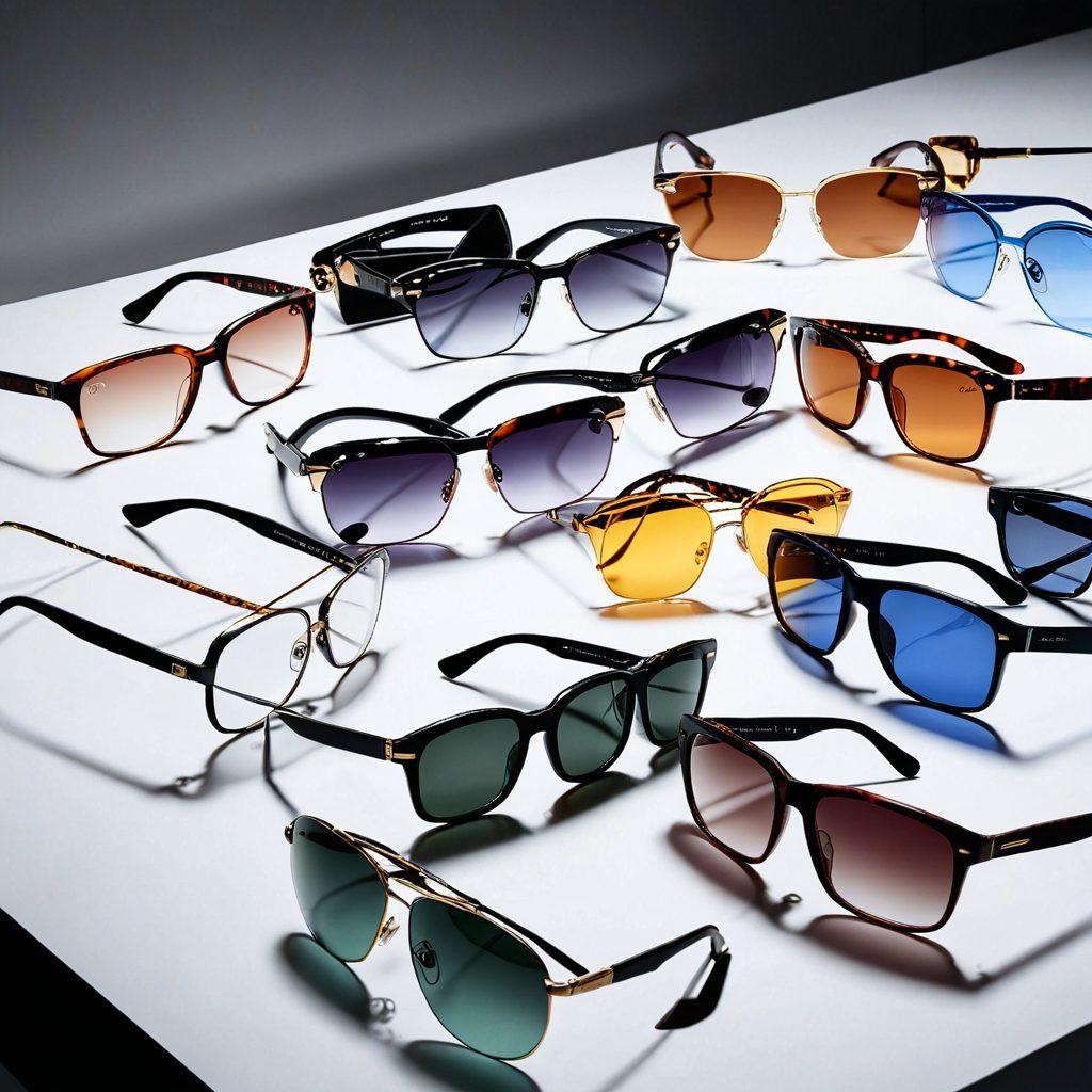 A stylish display of luxury eyewear on an elegant glass surface, showcasing an array of fashionable frames in different colors and styles. Include a subtle reflection of a financial calculation sheet and an insurance policy to symbolize investment and protection. Soft ambient lighting creates a sophisticated atmosphere, enhancing the allure of the glasses. super-realistic. vibrant colors. elegant background.